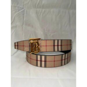 Burberry Men's Beige Signature Leather Reversible Belt Gold Buckle 100 cm